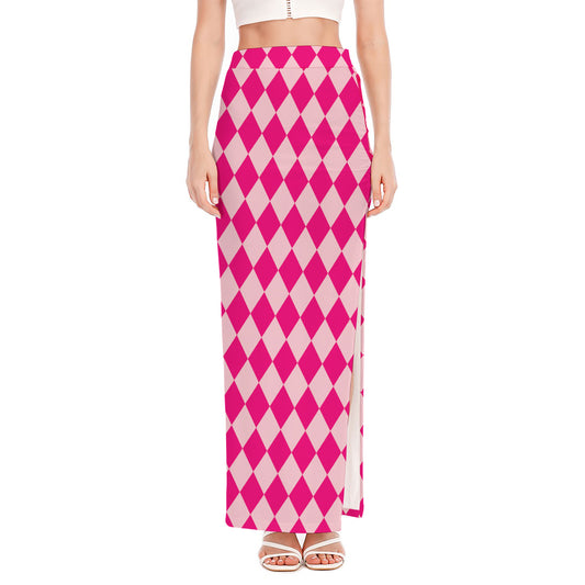 Pink Harlequin Pattern Print High Slit Maxi Skirt