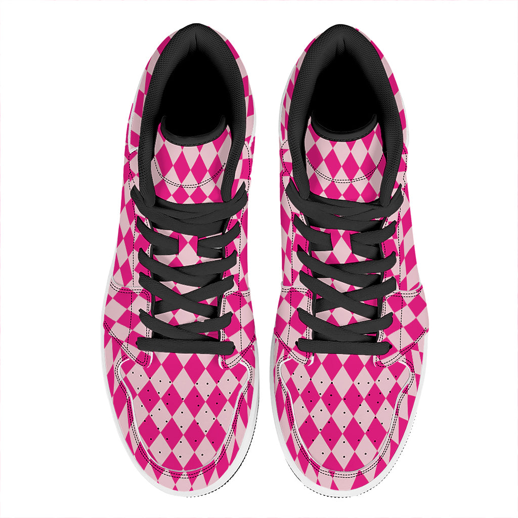 Pink Harlequin Pattern Print High Top Leather Sneakers
