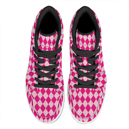 Pink Harlequin Pattern Print High Top Leather Sneakers
