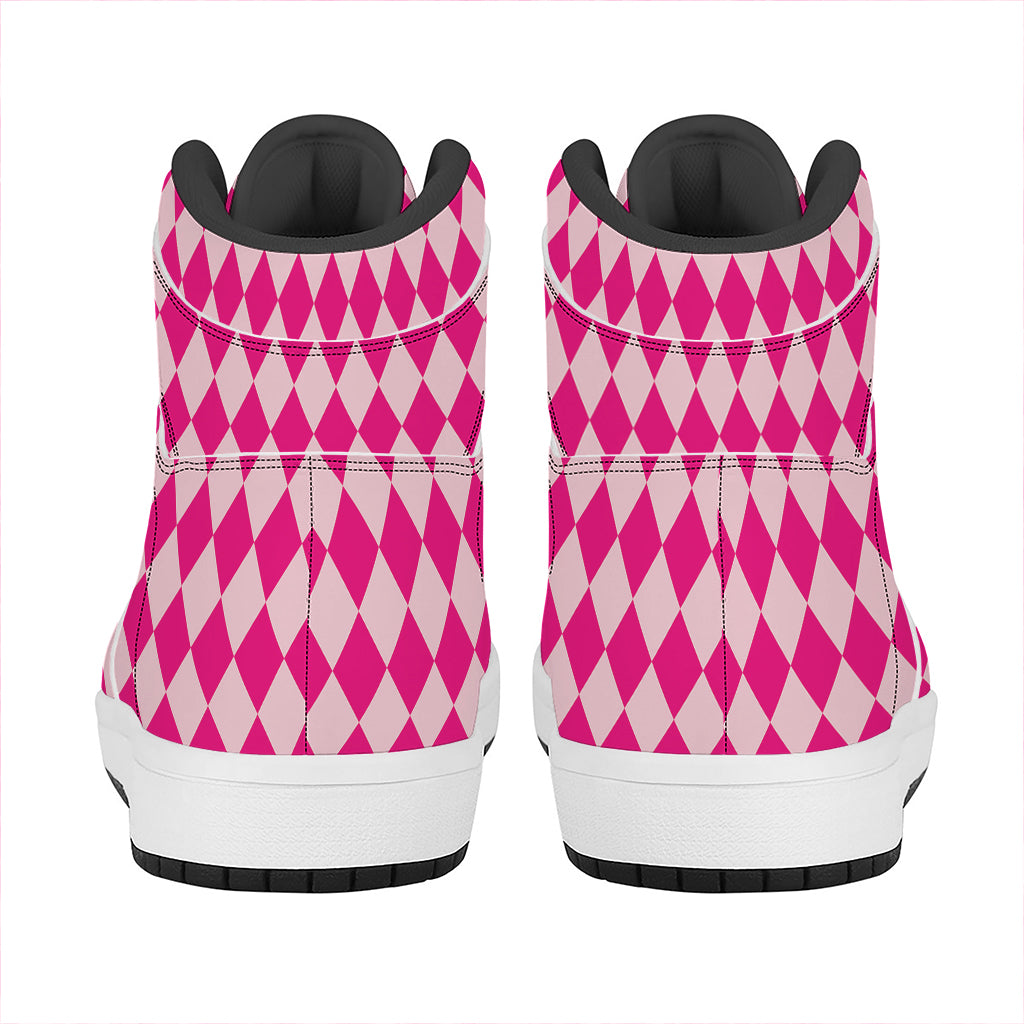 Pink Harlequin Pattern Print High Top Leather Sneakers