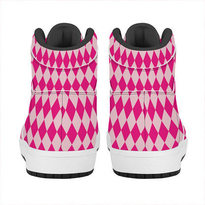 Pink Harlequin Pattern Print High Top Leather Sneakers