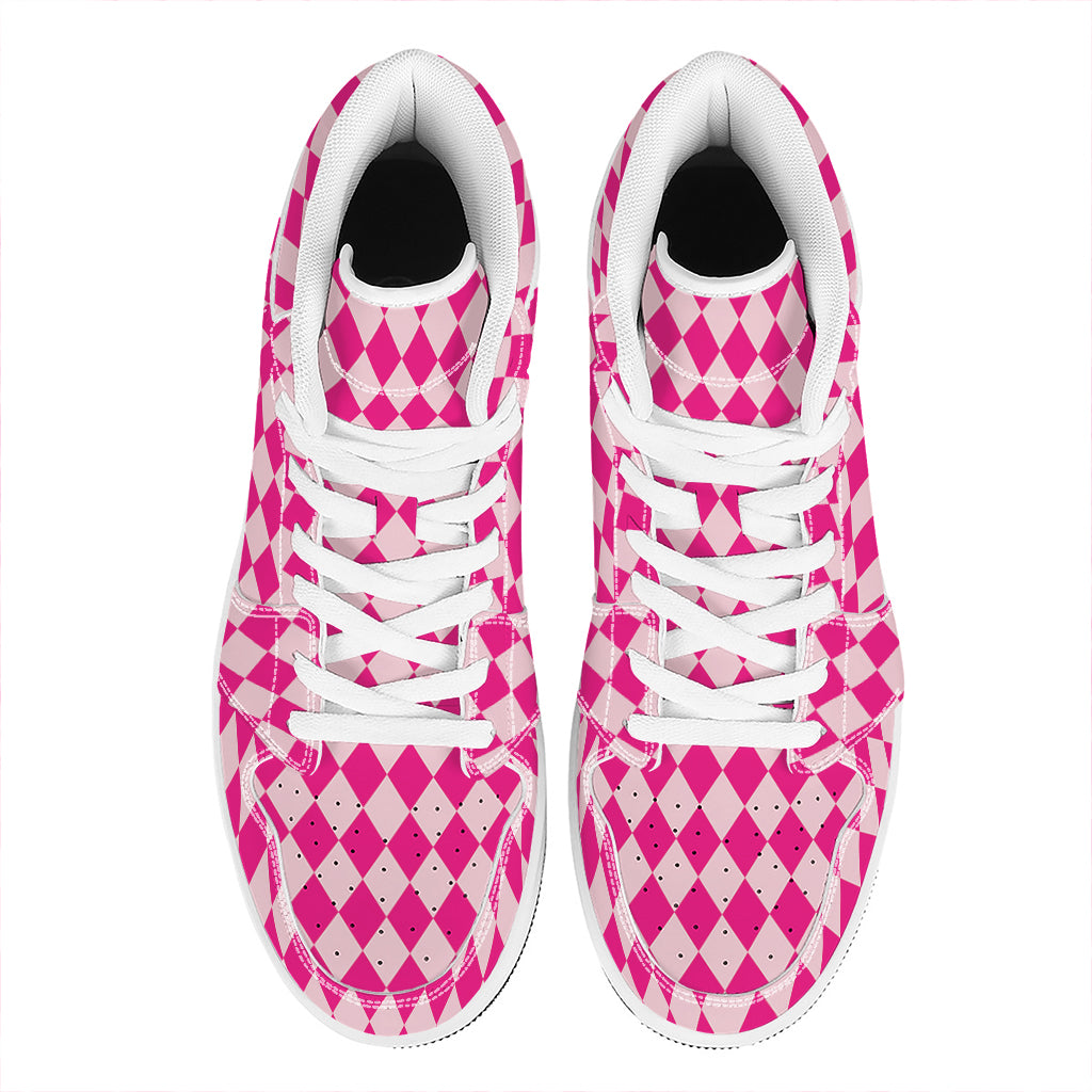 Pink Harlequin Pattern Print High Top Leather Sneakers