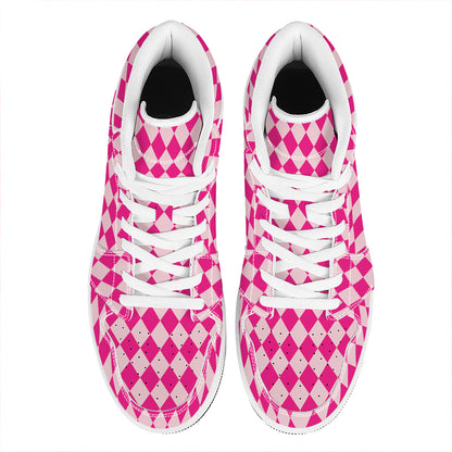 Pink Harlequin Pattern Print High Top Leather Sneakers