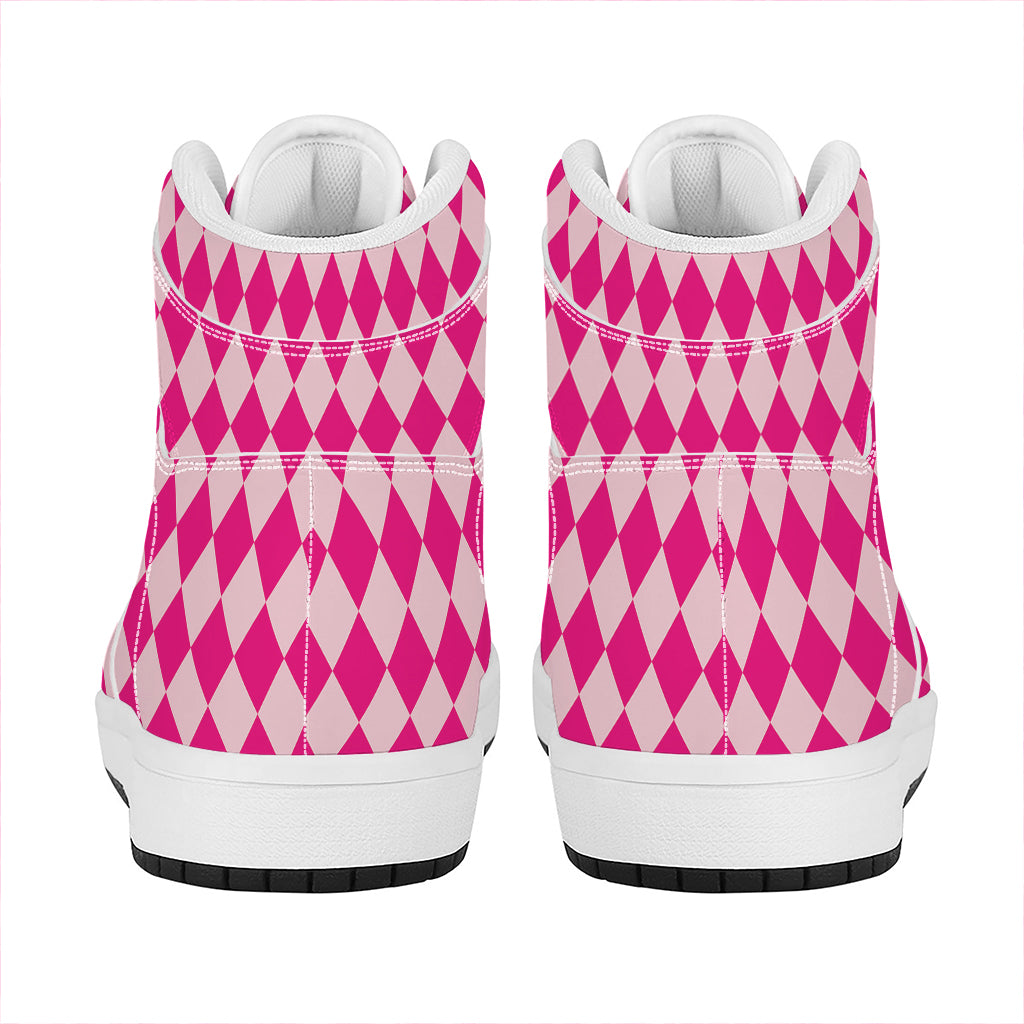 Pink Harlequin Pattern Print High Top Leather Sneakers