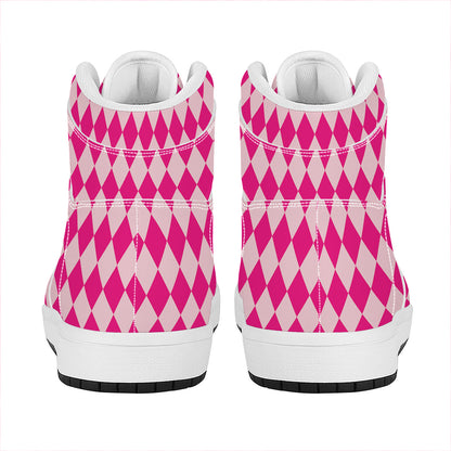 Pink Harlequin Pattern Print High Top Leather Sneakers