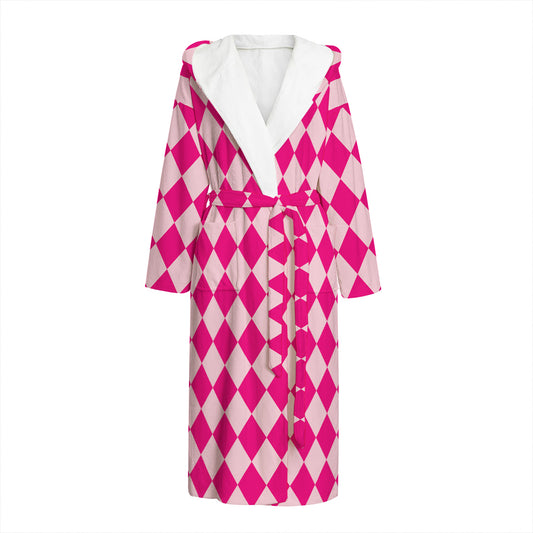Pink Harlequin Pattern Print Hooded Bathrobe