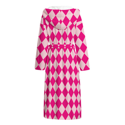 Pink Harlequin Pattern Print Hooded Bathrobe