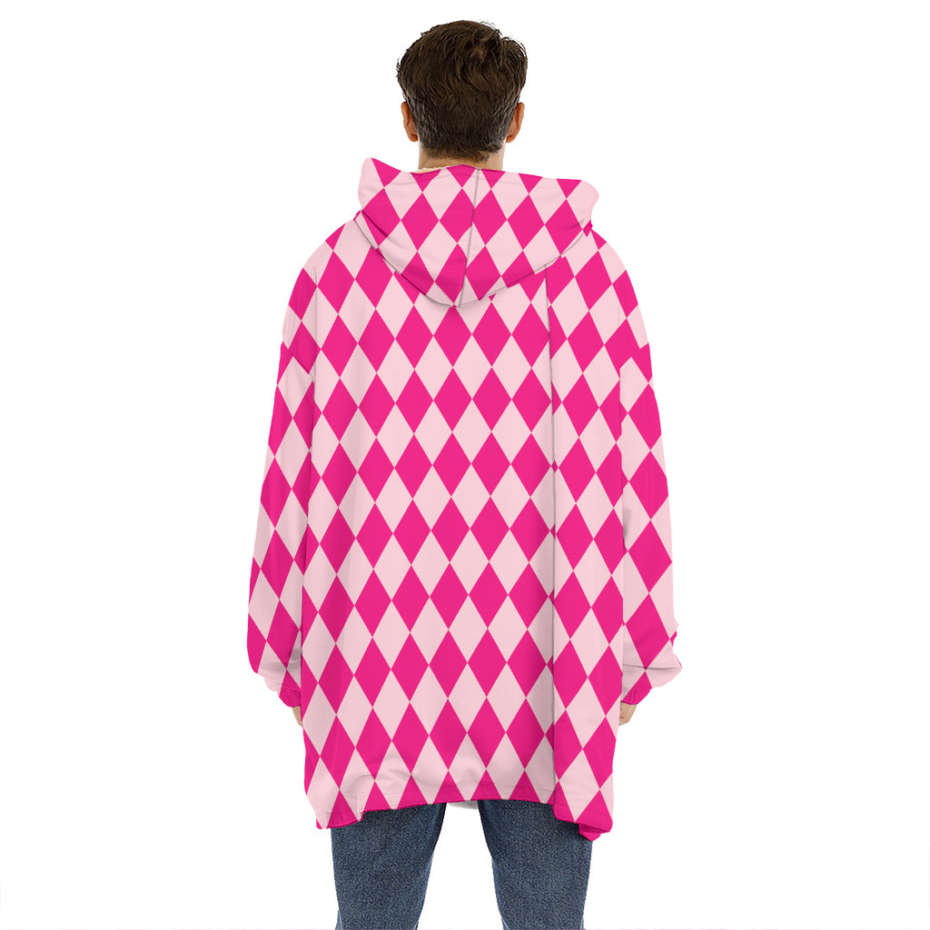 Pink Harlequin Pattern Print Hoodie Blanket