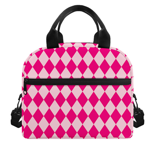 Pink Harlequin Pattern Print Insulated Lunch Bag
