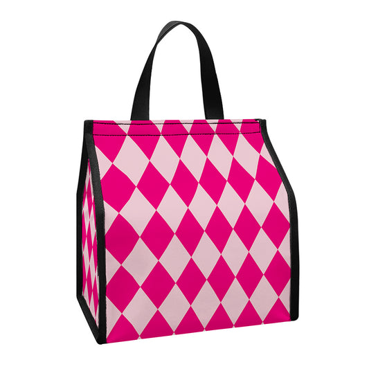 Pink Harlequin Pattern Print Insulated Lunch Tote