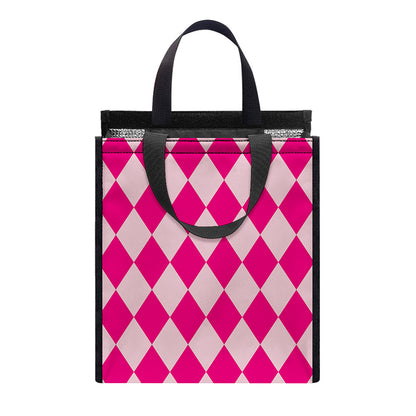 Pink Harlequin Pattern Print Insulated Lunch Tote