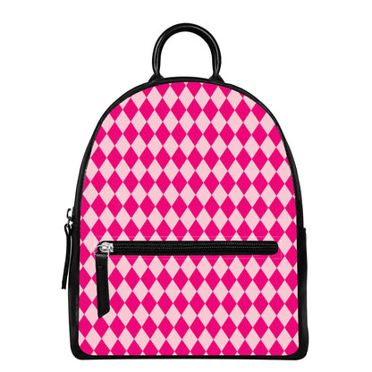 Pink Harlequin Pattern Print Leather Backpack