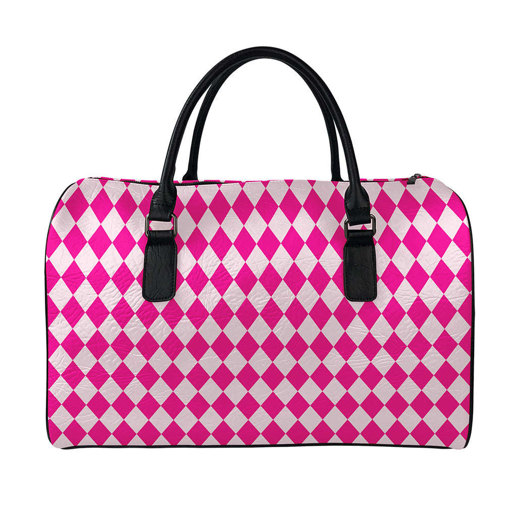 Pink Harlequin Pattern Print Leather Duffle Bag