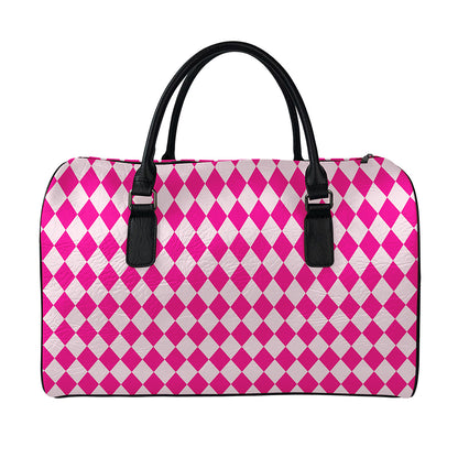 Pink Harlequin Pattern Print Leather Duffle Bag
