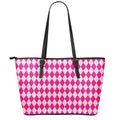 Pink Harlequin Pattern Print Leather Tote Bag With Zipper