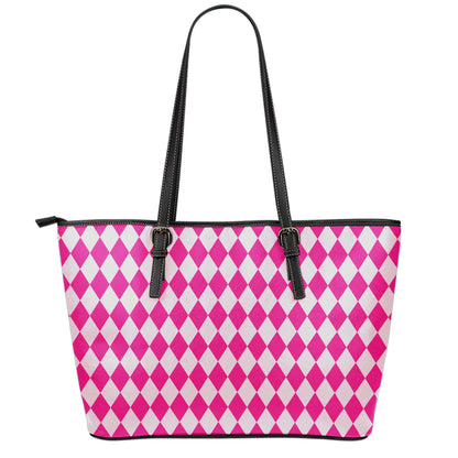 Pink Harlequin Pattern Print Leather Tote Bag