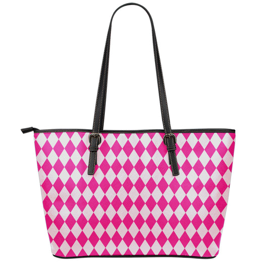 Pink Harlequin Pattern Print Leather Tote Bag
