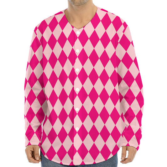 Pink Harlequin Pattern Print Long Sleeve Baseball Jersey