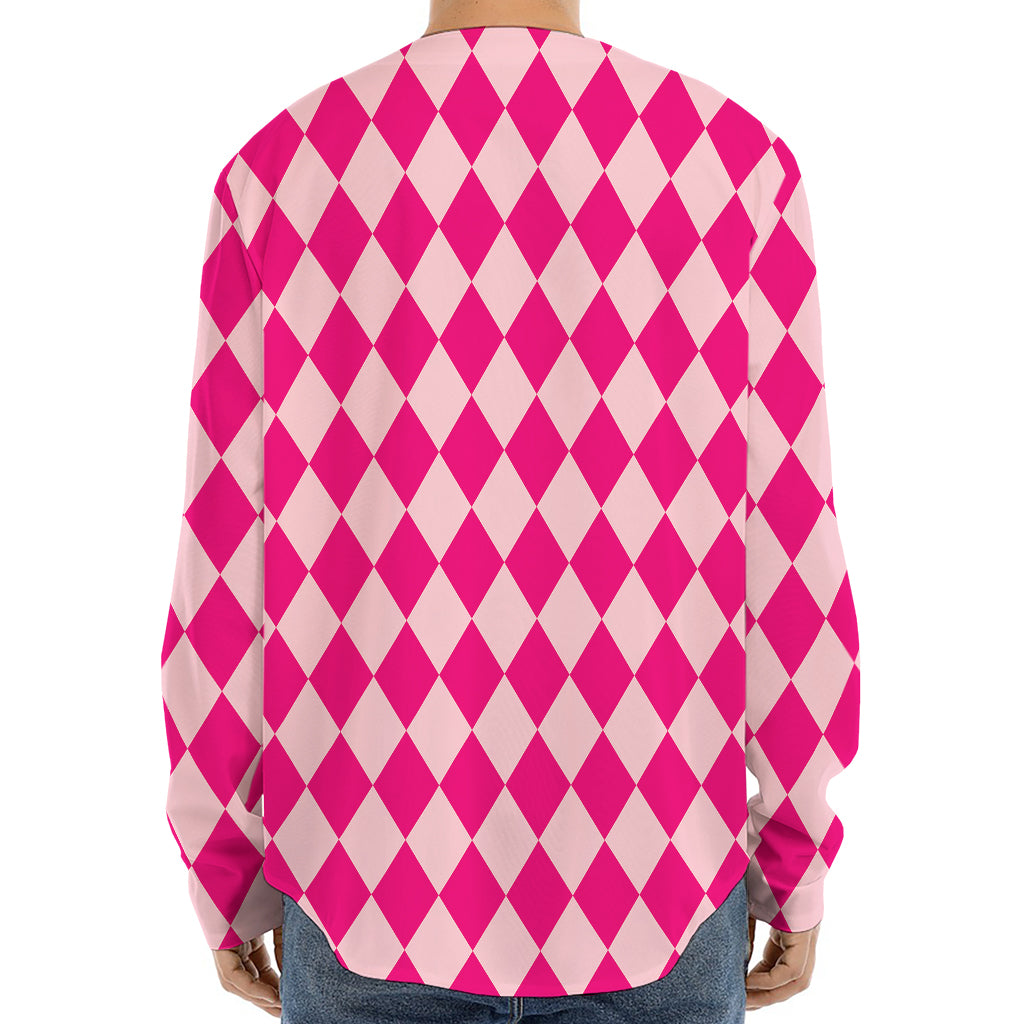 Pink Harlequin Pattern Print Long Sleeve Baseball Jersey