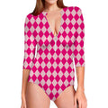 Pink Harlequin Pattern Print Long Sleeve Swimsuit