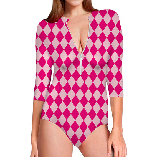 Pink Harlequin Pattern Print Long Sleeve Swimsuit