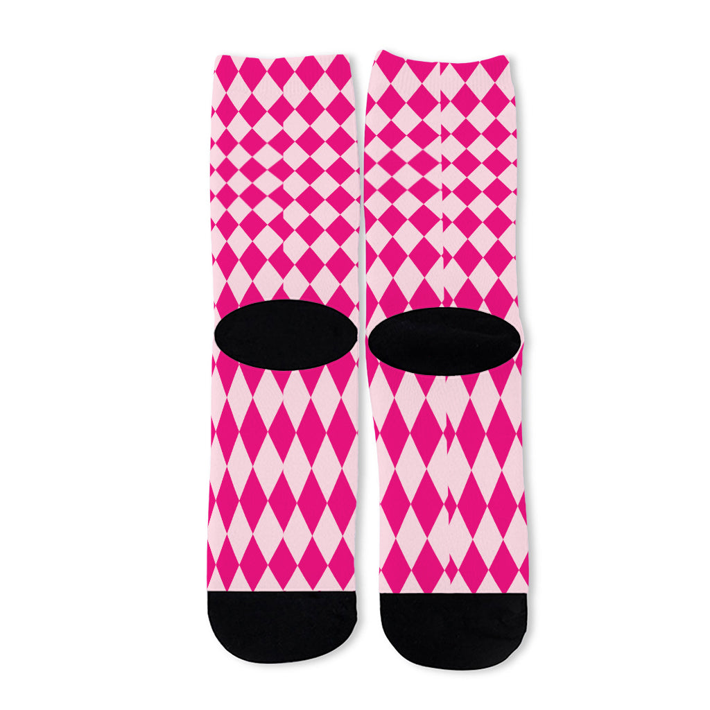 Pink Harlequin Pattern Print Long Socks