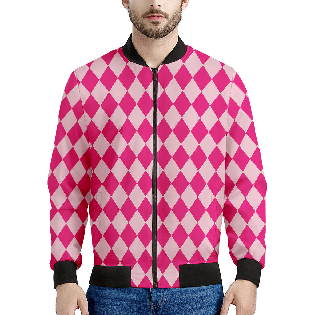 Pink Harlequin Pattern Print Men's Bomber Jacket