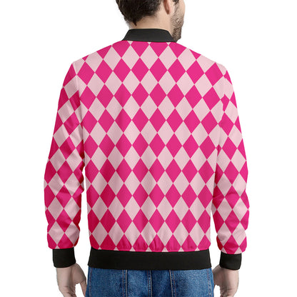 Pink Harlequin Pattern Print Men's Bomber Jacket