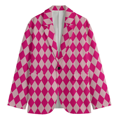 Pink Harlequin Pattern Print Men's Cotton Blazer