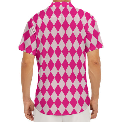 Pink Harlequin Pattern Print Men's Deep V-Neck Shirt