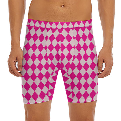 Pink Harlequin Pattern Print Men's Long Boxer Briefs