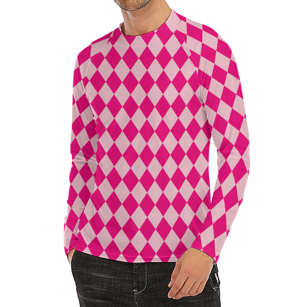Pink Harlequin Pattern Print Men's Long Sleeve Rash Guard