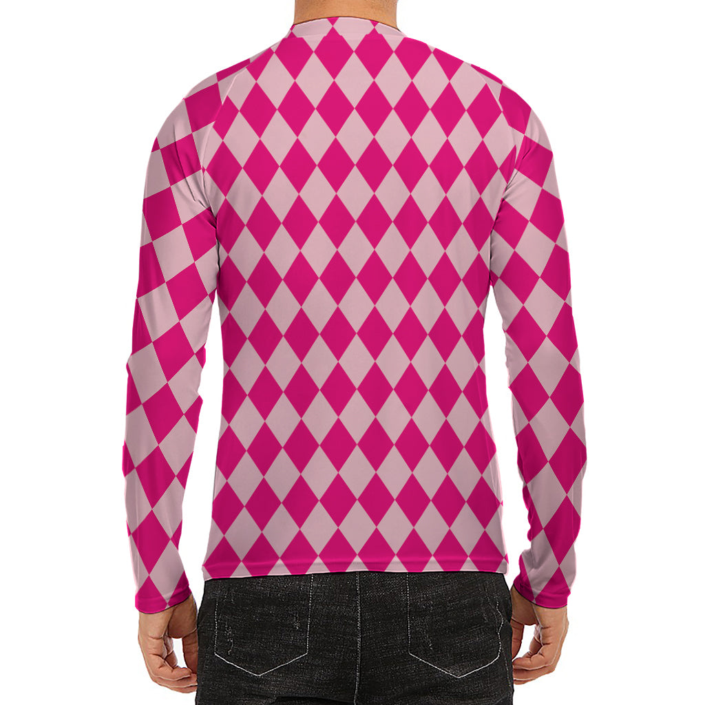 Pink Harlequin Pattern Print Men's Long Sleeve Rash Guard