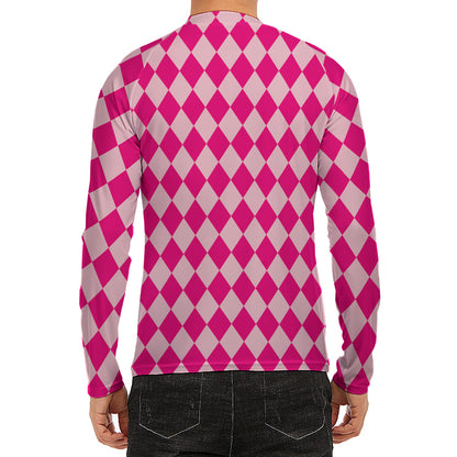Pink Harlequin Pattern Print Men's Long Sleeve Rash Guard