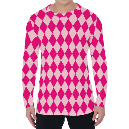 Pink Harlequin Pattern Print Men's Long Sleeve T-Shirt