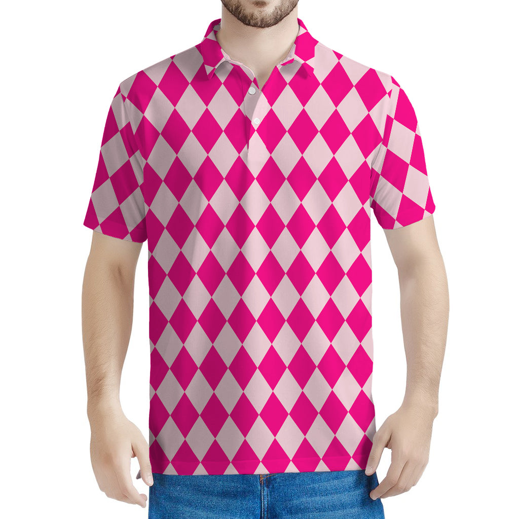 Pink Harlequin Pattern Print Men's Polo Shirt