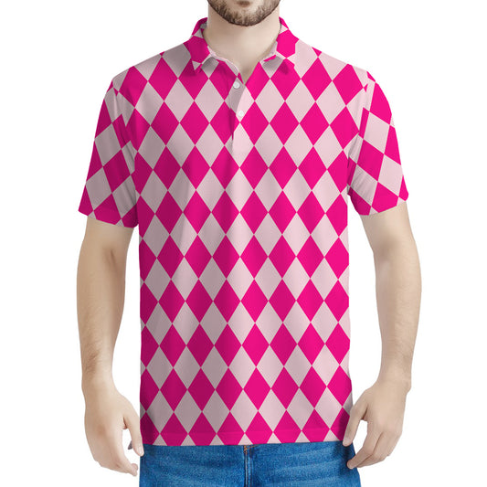 Pink Harlequin Pattern Print Men's Polo Shirt
