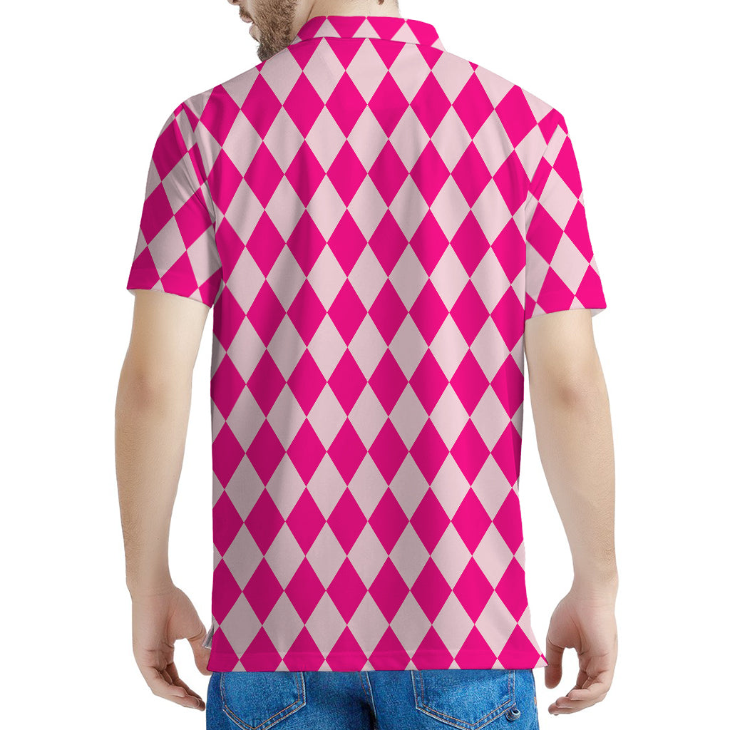 Pink Harlequin Pattern Print Men's Polo Shirt