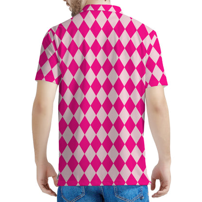 Pink Harlequin Pattern Print Men's Polo Shirt