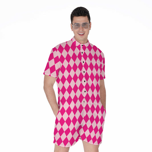 Pink Harlequin Pattern Print Men's Rompers