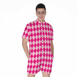 Pink Harlequin Pattern Print Men's Rompers