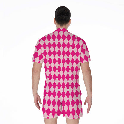 Pink Harlequin Pattern Print Men's Rompers
