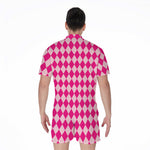 Pink Harlequin Pattern Print Men's Rompers