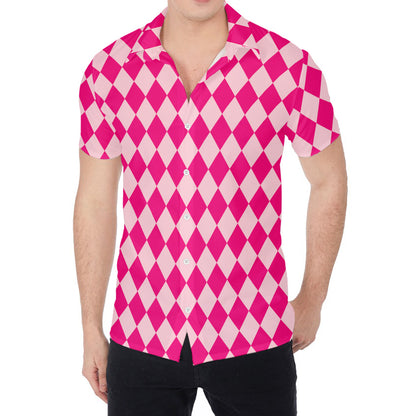 Pink Harlequin Pattern Print Men's Shirt