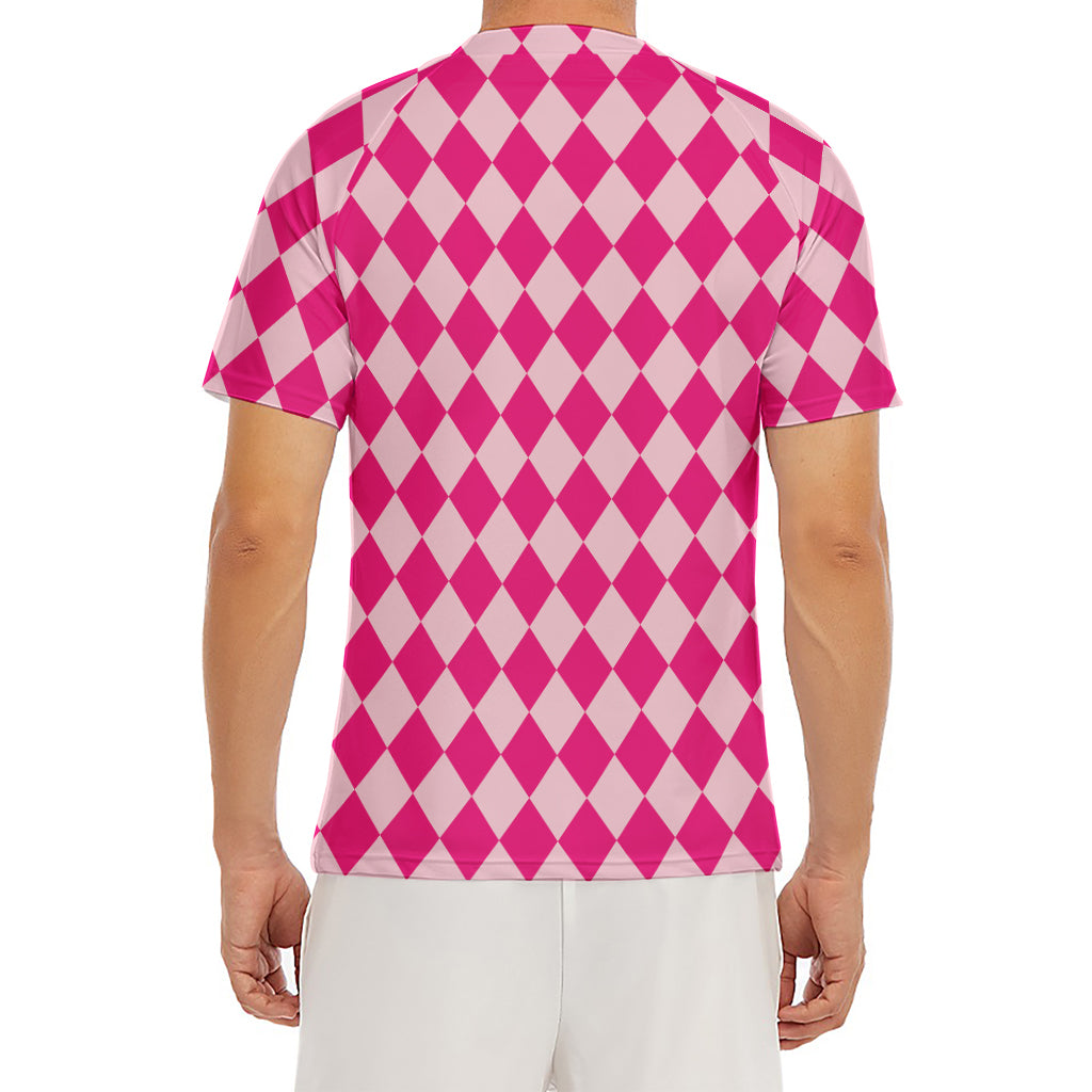 Pink Harlequin Pattern Print Men's Short Sleeve Rash Guard