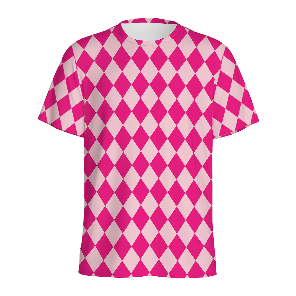 Pink Harlequin Pattern Print Men's Sports T-Shirt