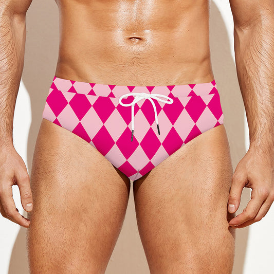 Pink Harlequin Pattern Print Men's Swim Briefs