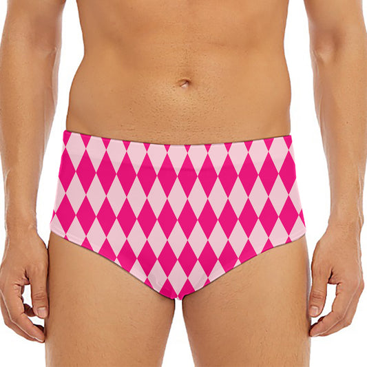 Pink Harlequin Pattern Print Men's Triangle Swim Briefs