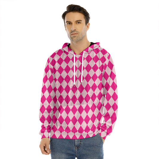 Pink Harlequin Pattern Print Men's Velvet Pullover Hoodie