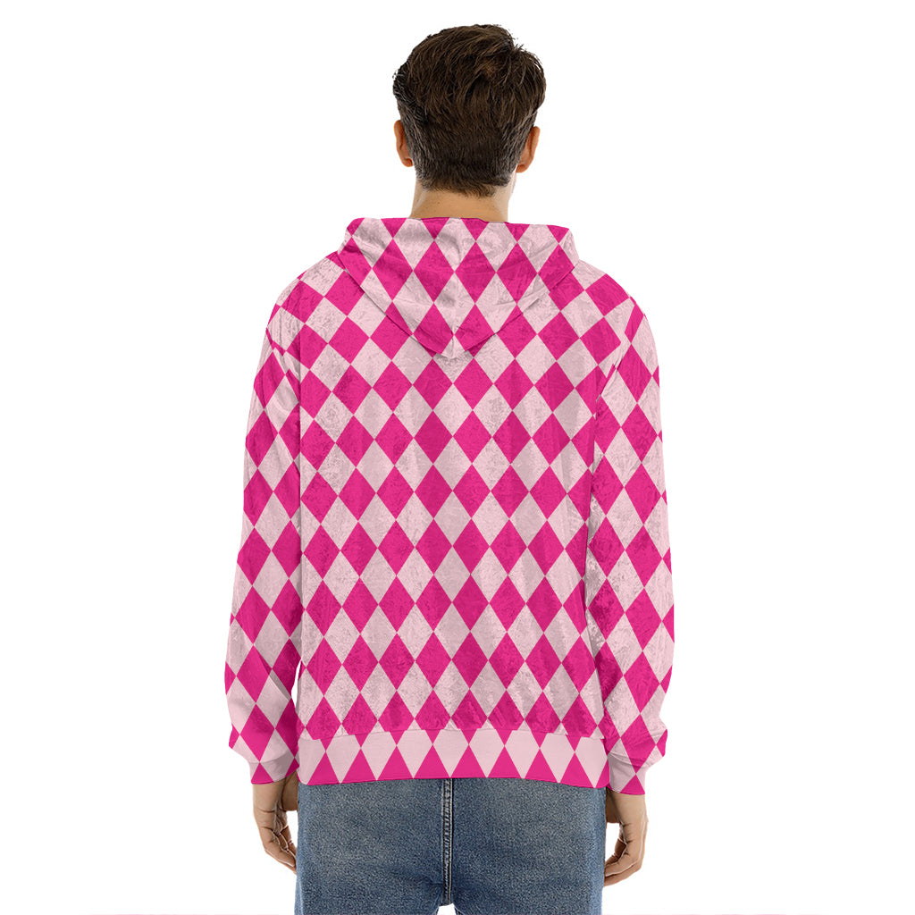 Pink Harlequin Pattern Print Men's Velvet Pullover Hoodie